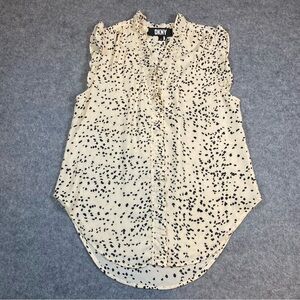 DKNY Women's Size XS Sleeveless Blouse Ruffle V-Neck Black Cream Speckle Print